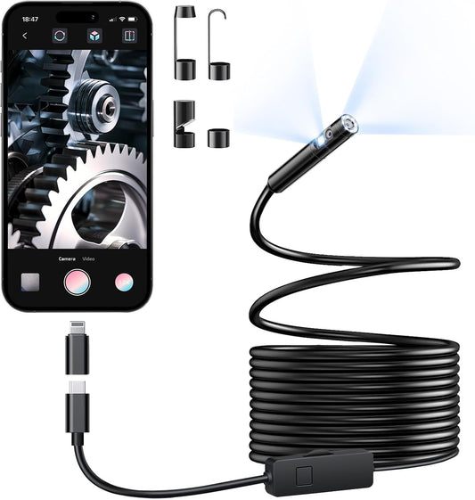 [Dual-Lens] Endoscope Camera with Light, 1920P HD Borescope with 8+1 Adjustable LED Lights, IP67 Waterproof 16.5FT Semi-Rigid Snake Cord Inspection Camera for iPhone, iPad and Android Phone (Type C)