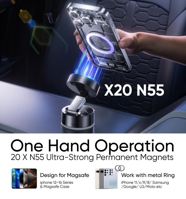 Electric Vacuum Magnetic Suction Phone Holder,XO Adjustable and Foldable Car Mount,Strong Magnetic Car Phone Holder for iPhone16/15/14/13/12,for Shower/Car/Mirror/Smooth Surfaces(Not Charging Phone)